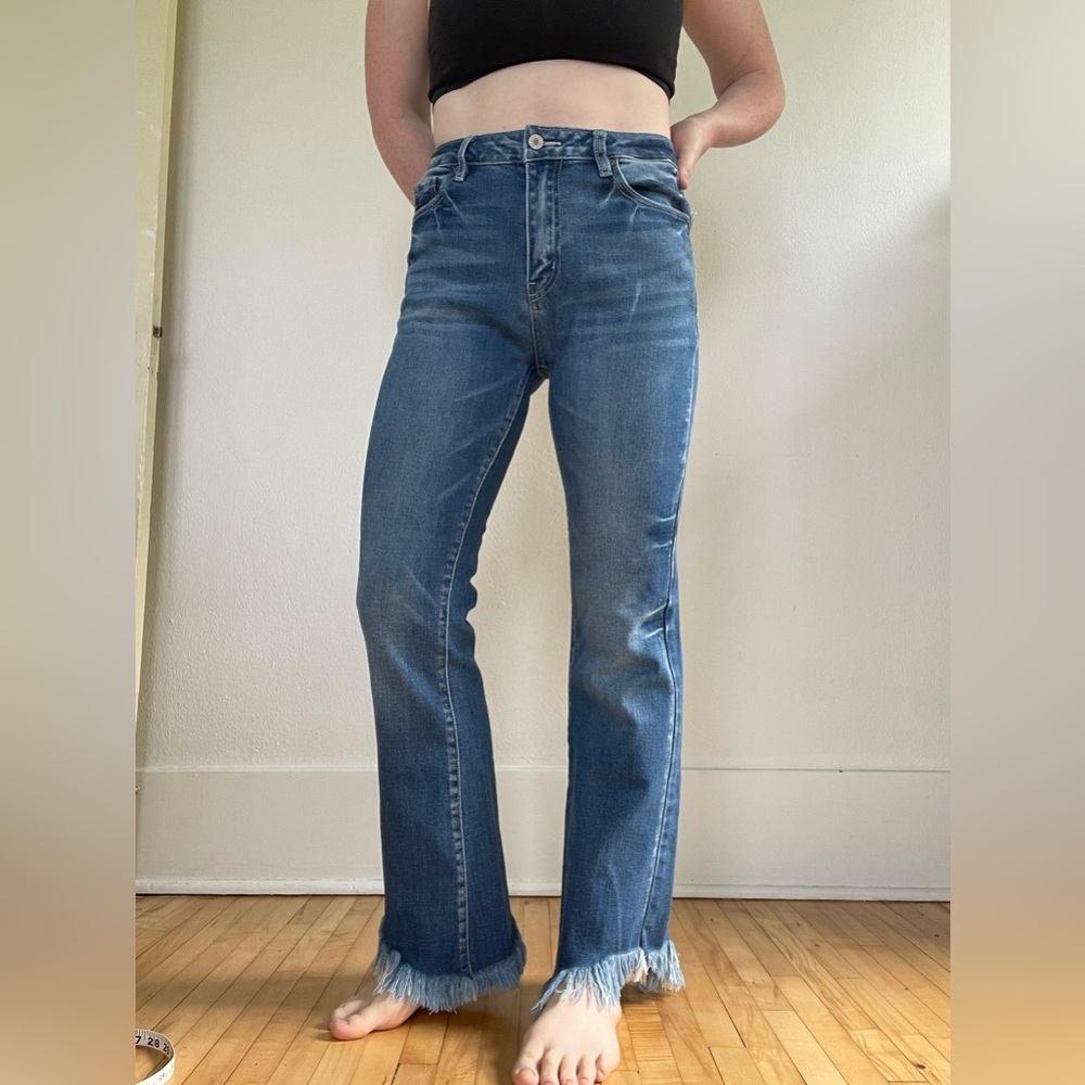 KanCan Medium Blue Frayed-Hem Flare Jeans